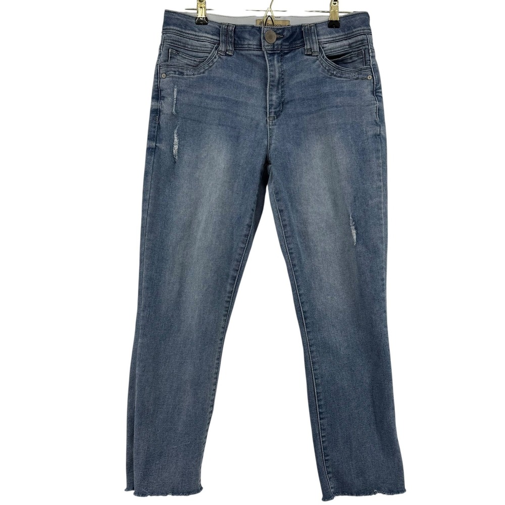 Democracy Ab Technology Size 8 Straight Leg Jeans Medium Wash Distressed Raw Hem